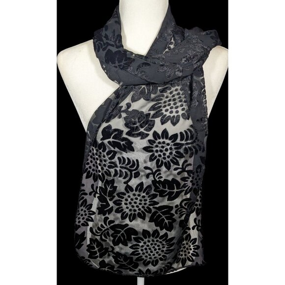 Gothic Floral Black  Velvet Burnout Scarf - Picture 1 of 8
